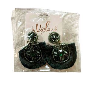 Viola Green Black Beaded Fringe Statement Dangle Earrings NWT